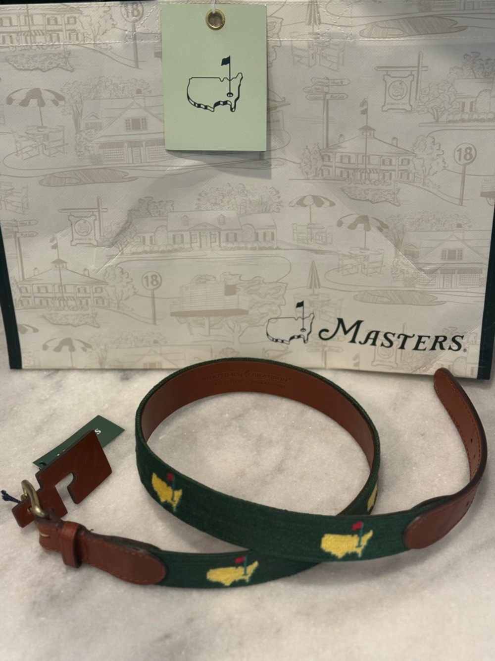 Masters Green Needlepoint Leather-Trim Belt- Smathers & Branson